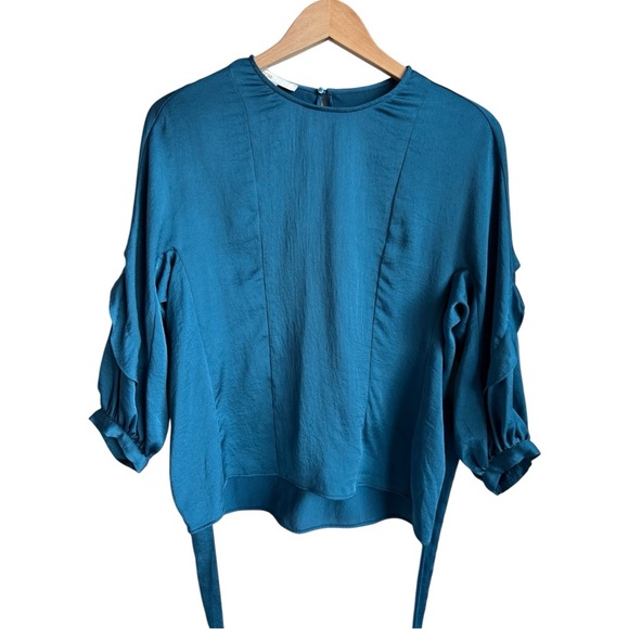 MAJE Lavana Self-Tie Crepe Blouse in Peacock Blue | Long Billow Sleeve Top Large - Picture 5 of 12